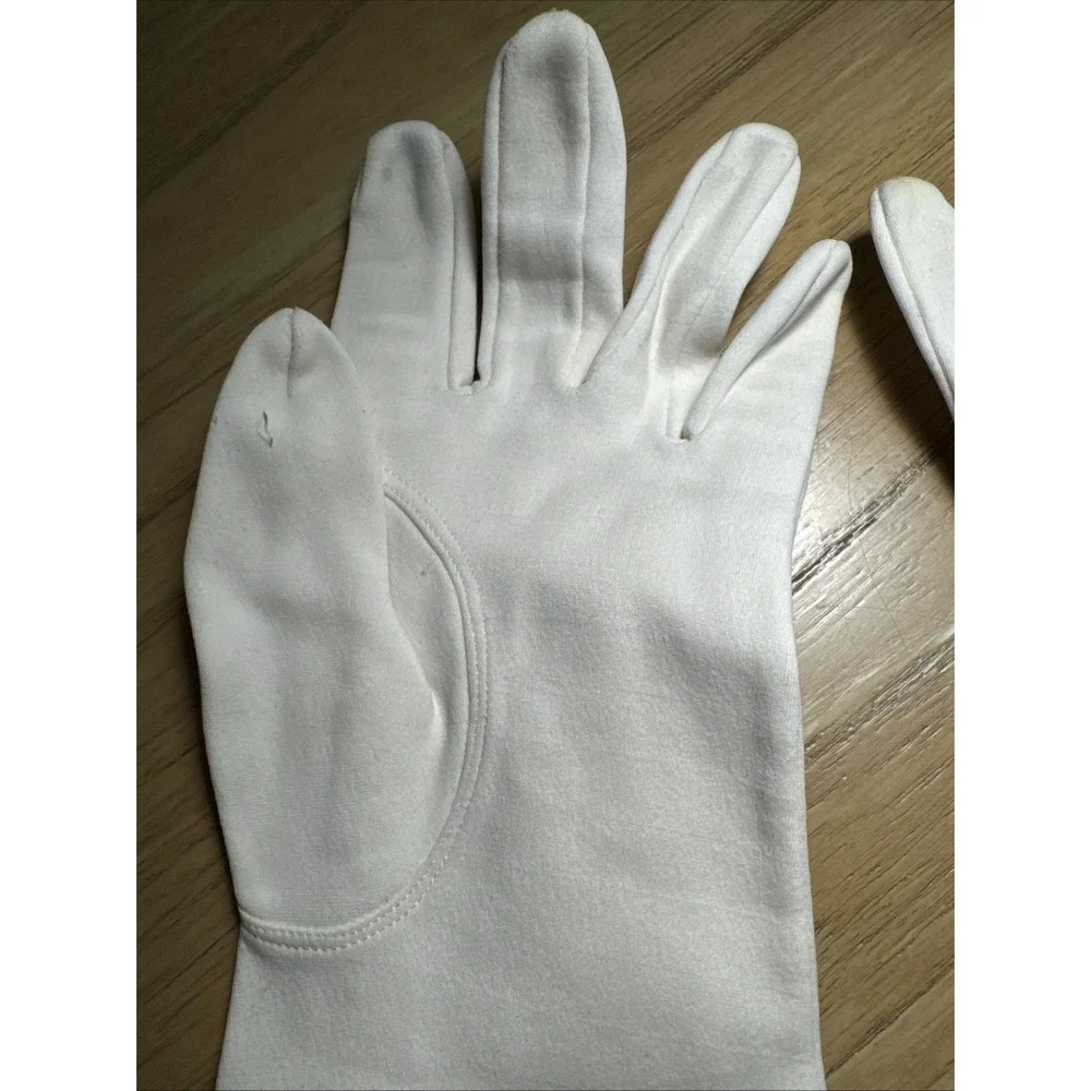 VTG Womens Elbow Length Gloves White Nylon Scalloped Cuff Sz 7 Floral Appliqué